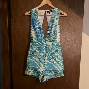 Lulu's Blue and White Tropical One Piece Romper